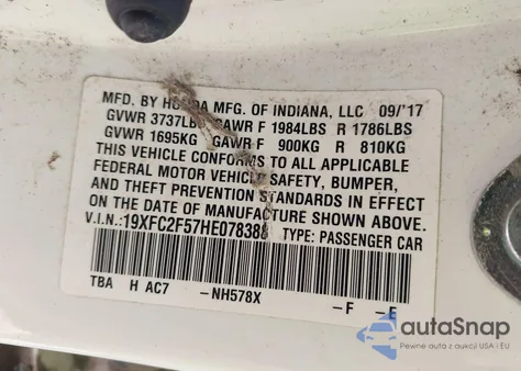 2017 Honda Civic Lx из США, поврежденный, VIN 19XFC2F57HE078388